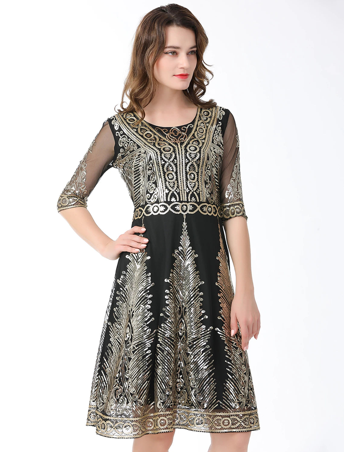 Wholesale A-Line Elegant Vintage Holiday Party Wear Dress Jewel Neck Half Sleeve Knee Length Cotton Blend with Sequin Splicing